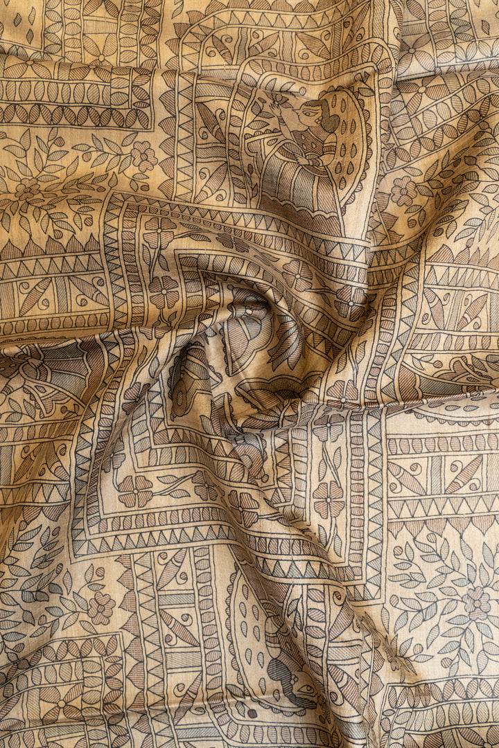 Beige Madhubani handprinted pure Tussar silk saree