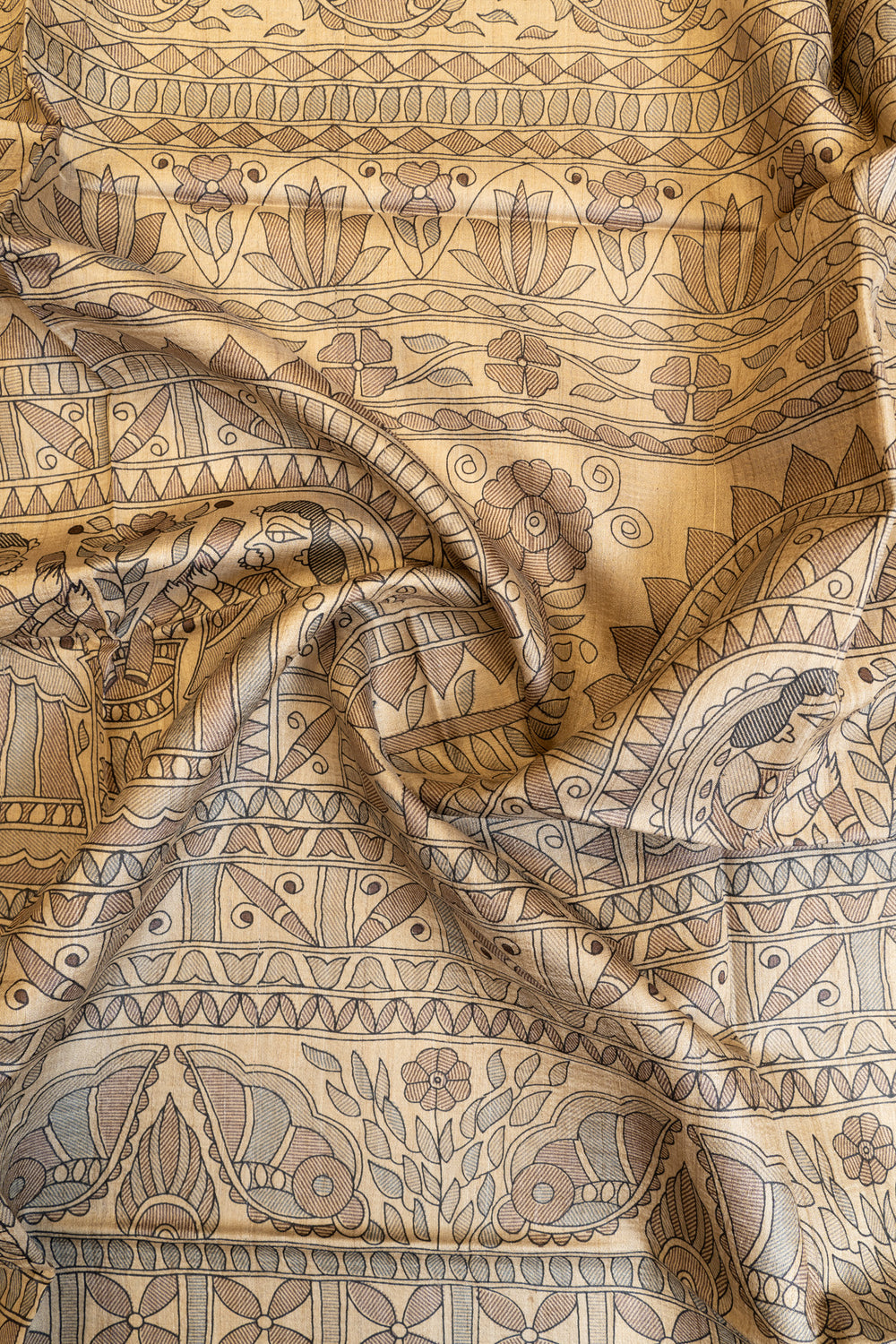Beige Madhubani handprinted pure Tussar silk saree