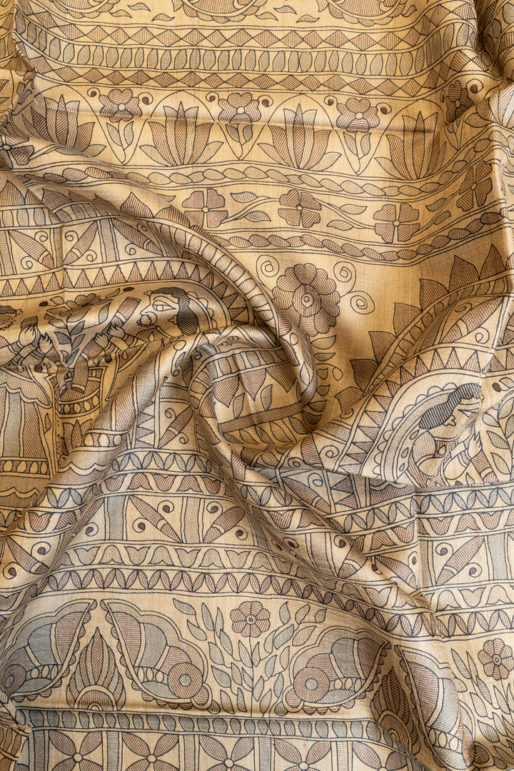 Beige Madhubani handprinted pure Tussar silk saree