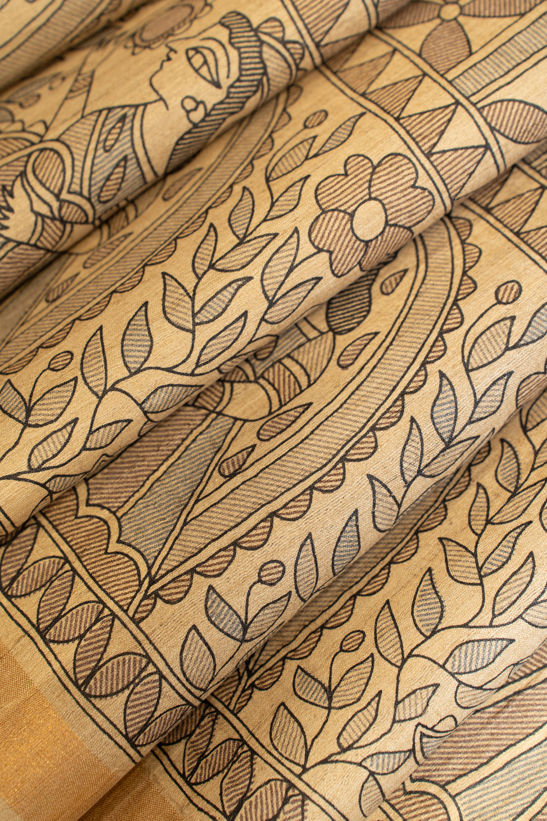 Beige Madhubani handprinted pure Tussar silk saree