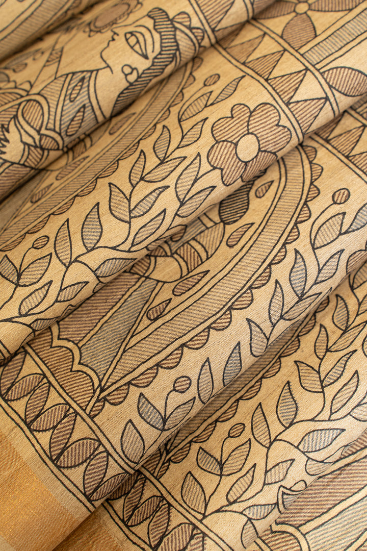 Beige Madhubani handprinted pure Tussar silk saree