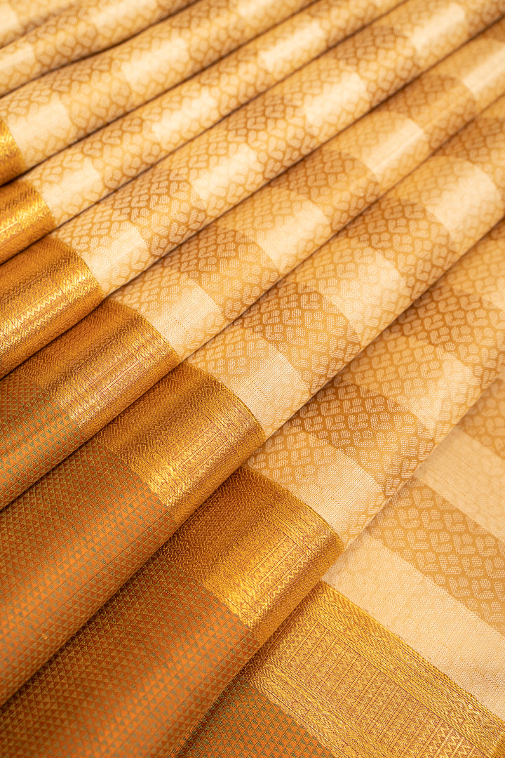 French Beige Jacquard Stripes Pure Kanchipuram Silk Saree - Clio Silks