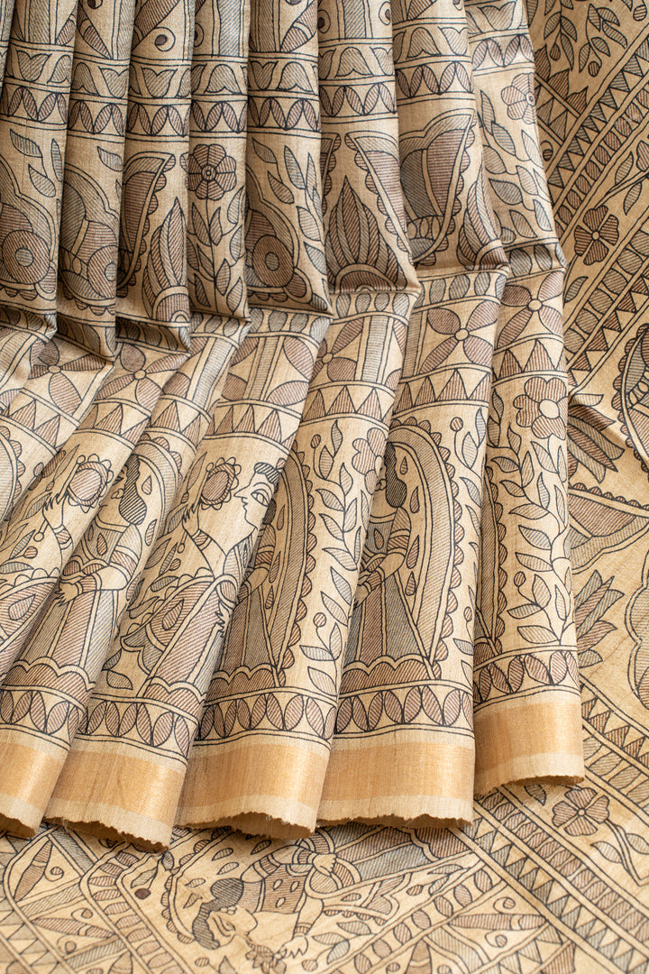 Beige Madhubani handprinted pure Tussar silk saree
