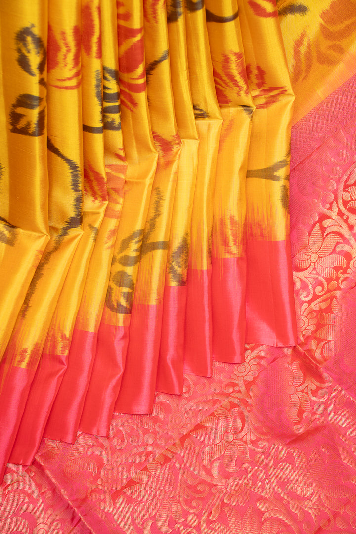 Yellow and Pink Pure ikat Silk Saree - Clio Silks