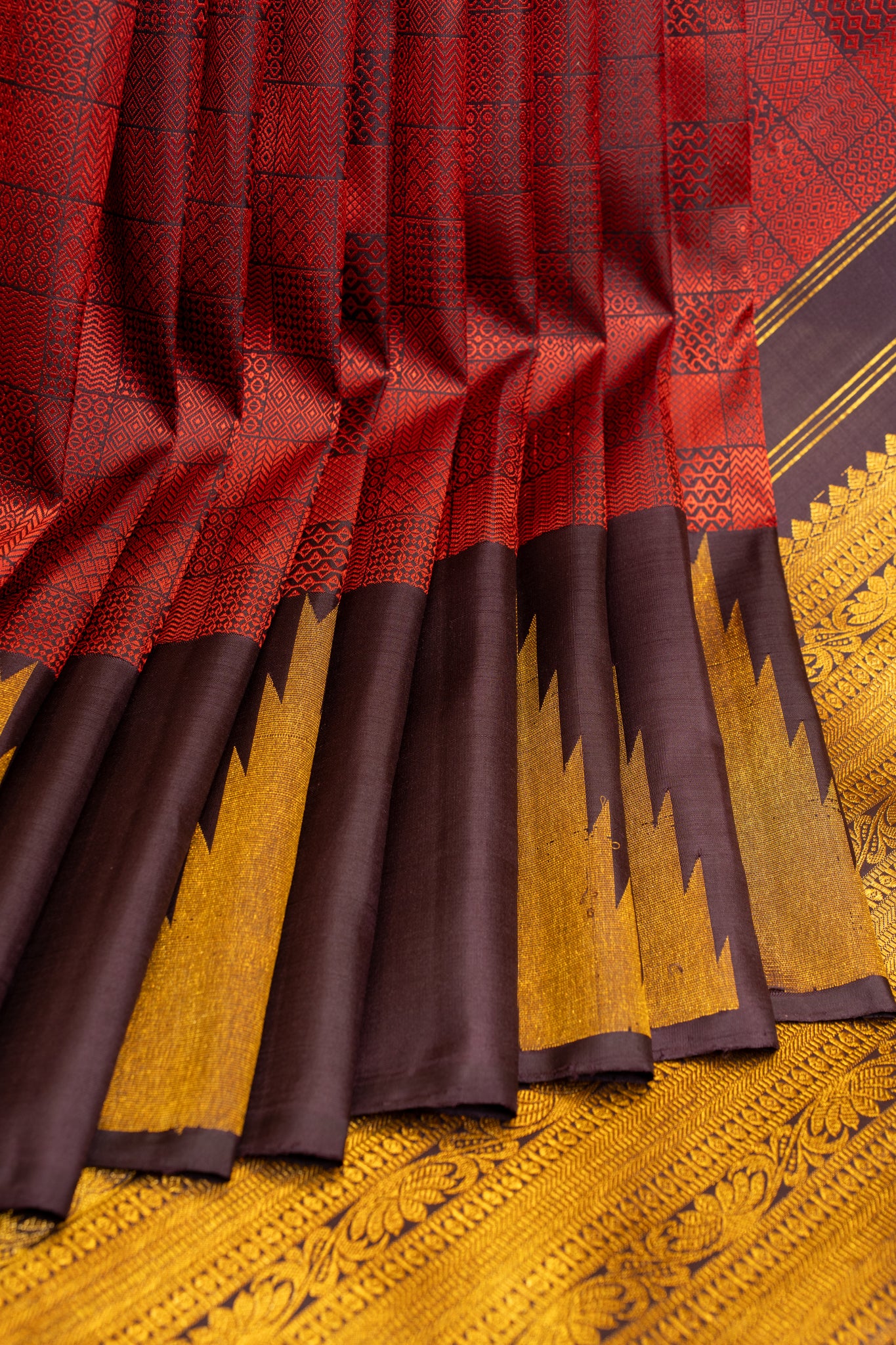 Maroon ornamental thread checks pure Kanchipuram Silk Saree