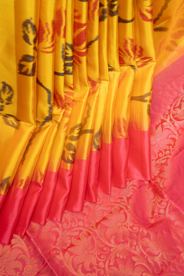 Yellow and Pink Pure ikat Silk Saree - Clio Silks