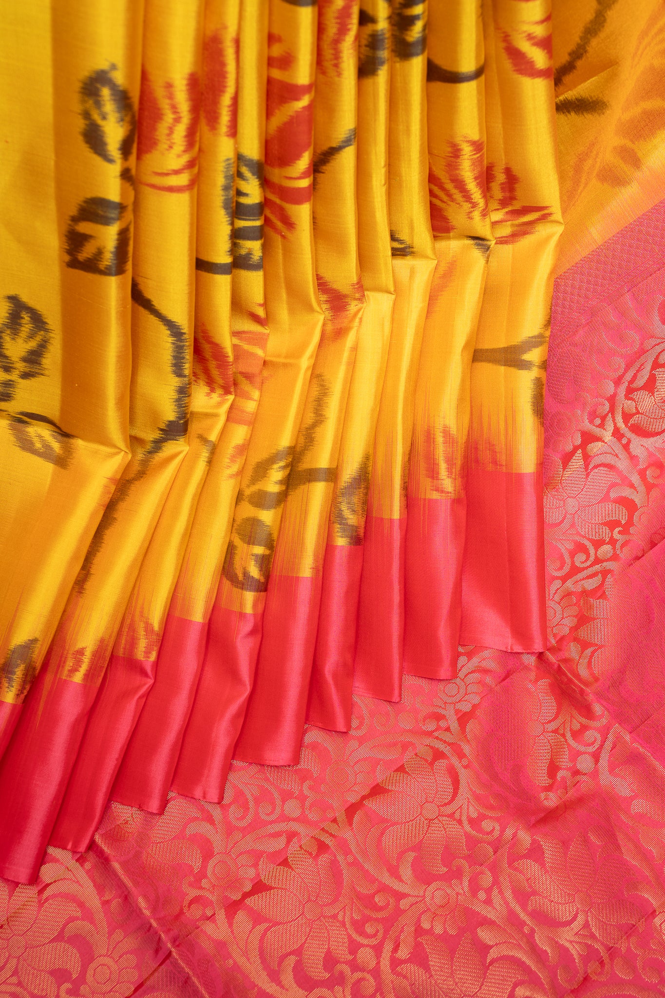 Yellow and Pink Pure ikat Silk Saree - Clio Silks