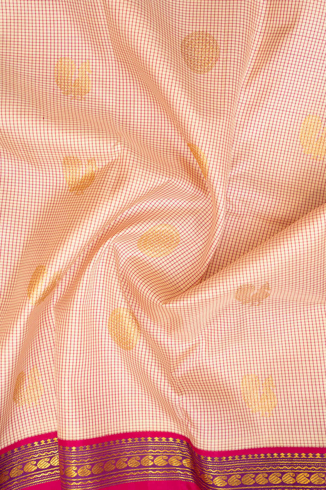 Cream and Pink Checks Pure Kanchipuram Silk Saree - Clio Silks