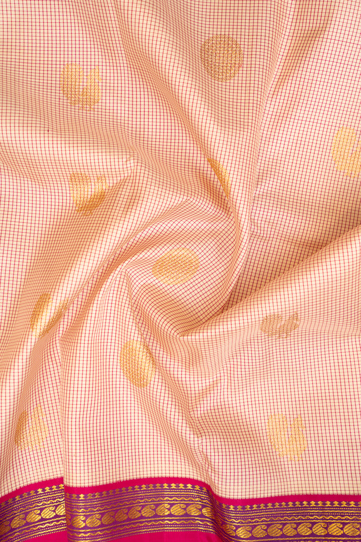 Cream and Pink Checks Pure Kanchipuram Silk Saree - Clio Silks