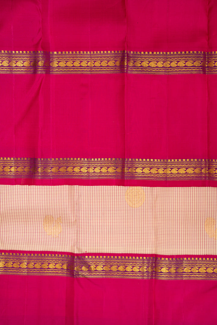 Cream and Pink Checks Pure Kanchipuram Silk Saree - Clio Silks