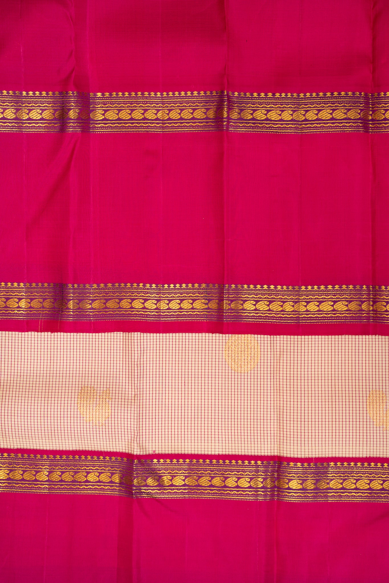 Cream and Pink Checks Pure Kanchipuram Silk Saree - Clio Silks