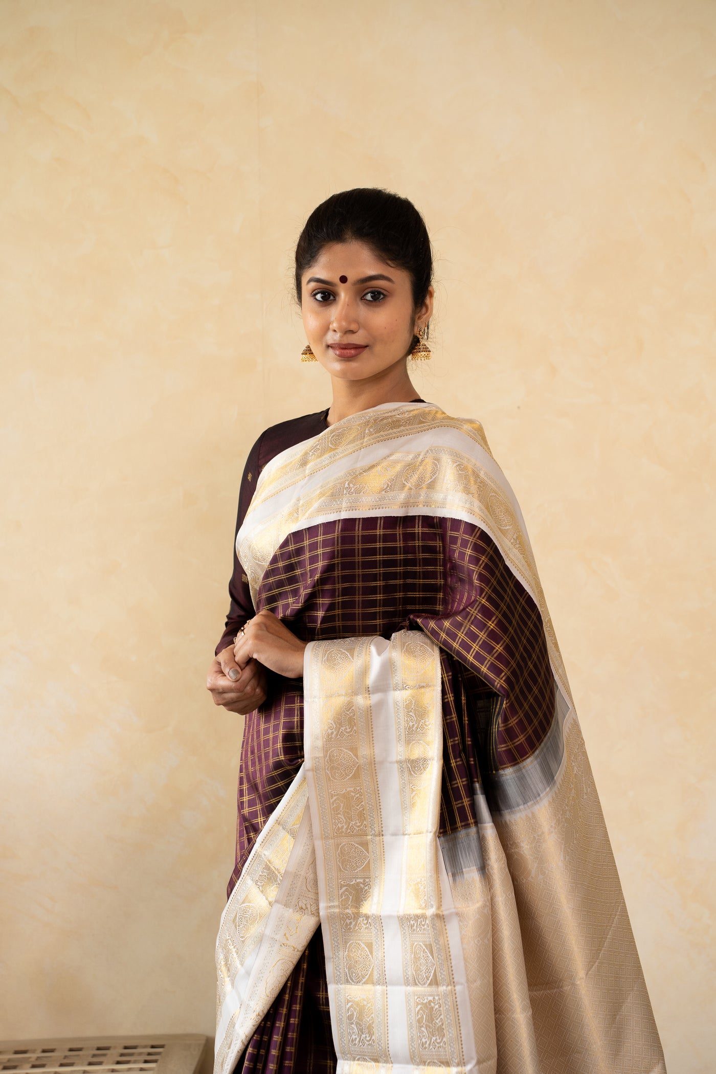 Sangria Purple Zari Checks Pure Kanchipuram Silk Saree - Clio Silks