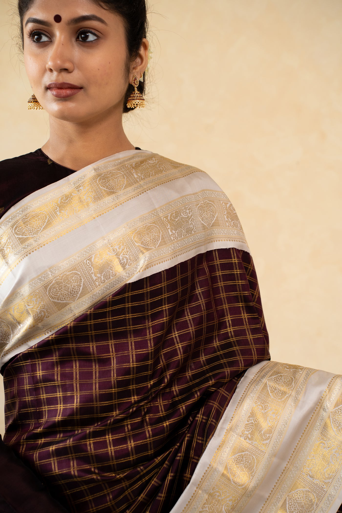 Sangria Purple Zari Checks Pure Kanchipuram Silk Saree - Clio Silks