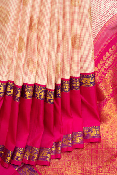 Cream and Pink Checks Pure Kanchipuram Silk Saree - Clio Silks