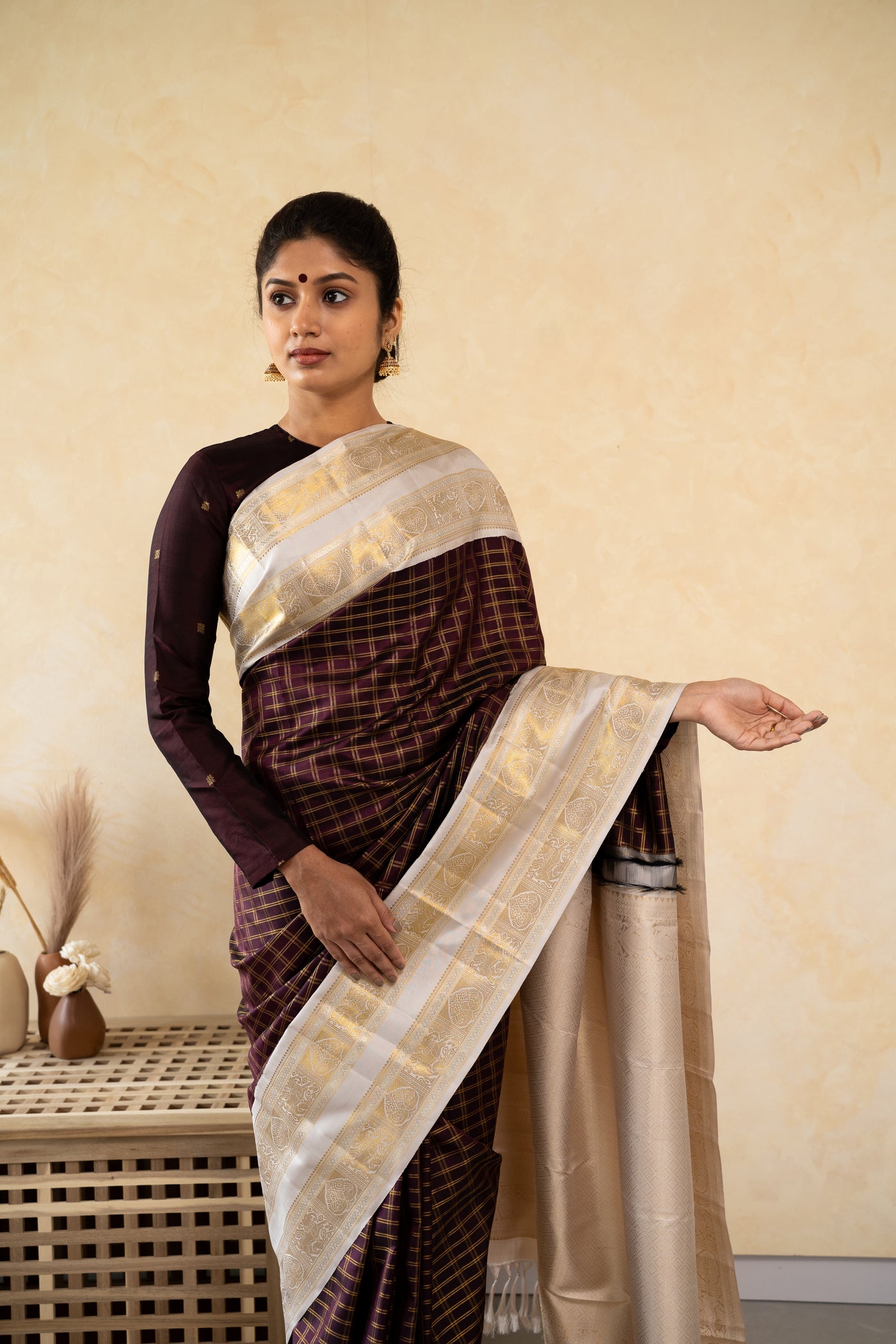 Sangria Purple Zari Checks Pure Kanchipuram Silk Saree - Clio Silks