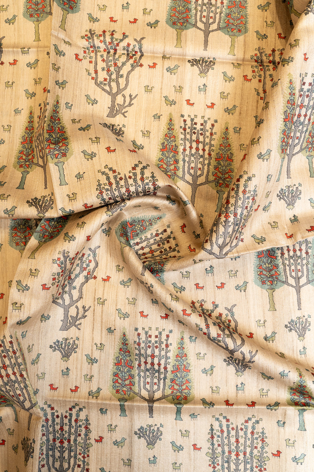 Beige winter farmland handprinted pure Tussar saree