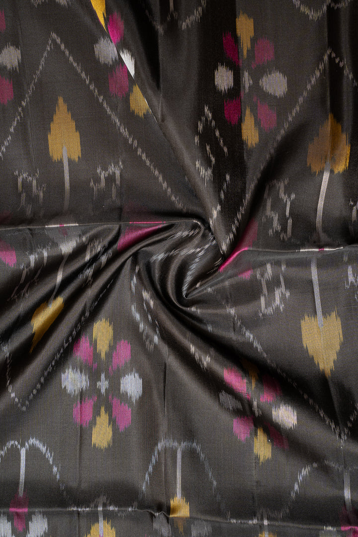Beige and Black Pure Ikat Silk Saree - Clio Silks