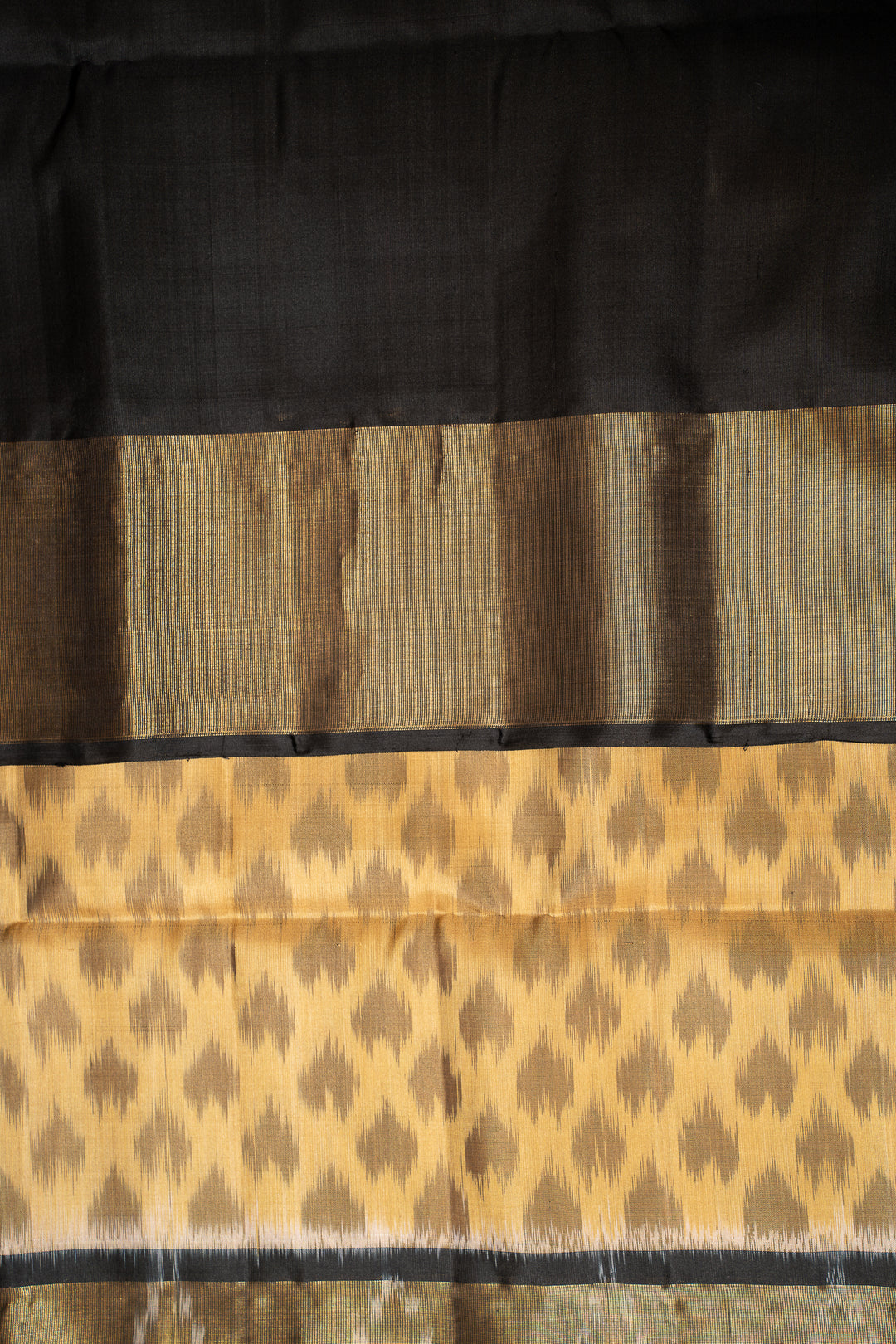 Beige and Black Pure Ikat Silk Saree - Clio Silks