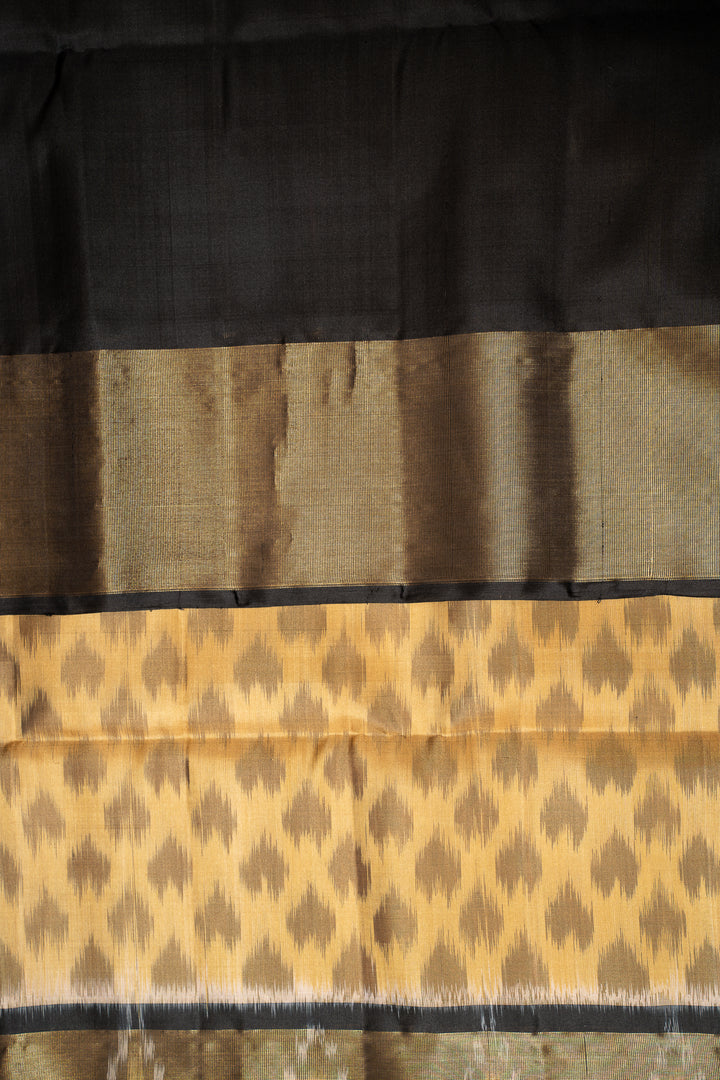 Beige and Black Pure Ikat Silk Saree - Clio Silks