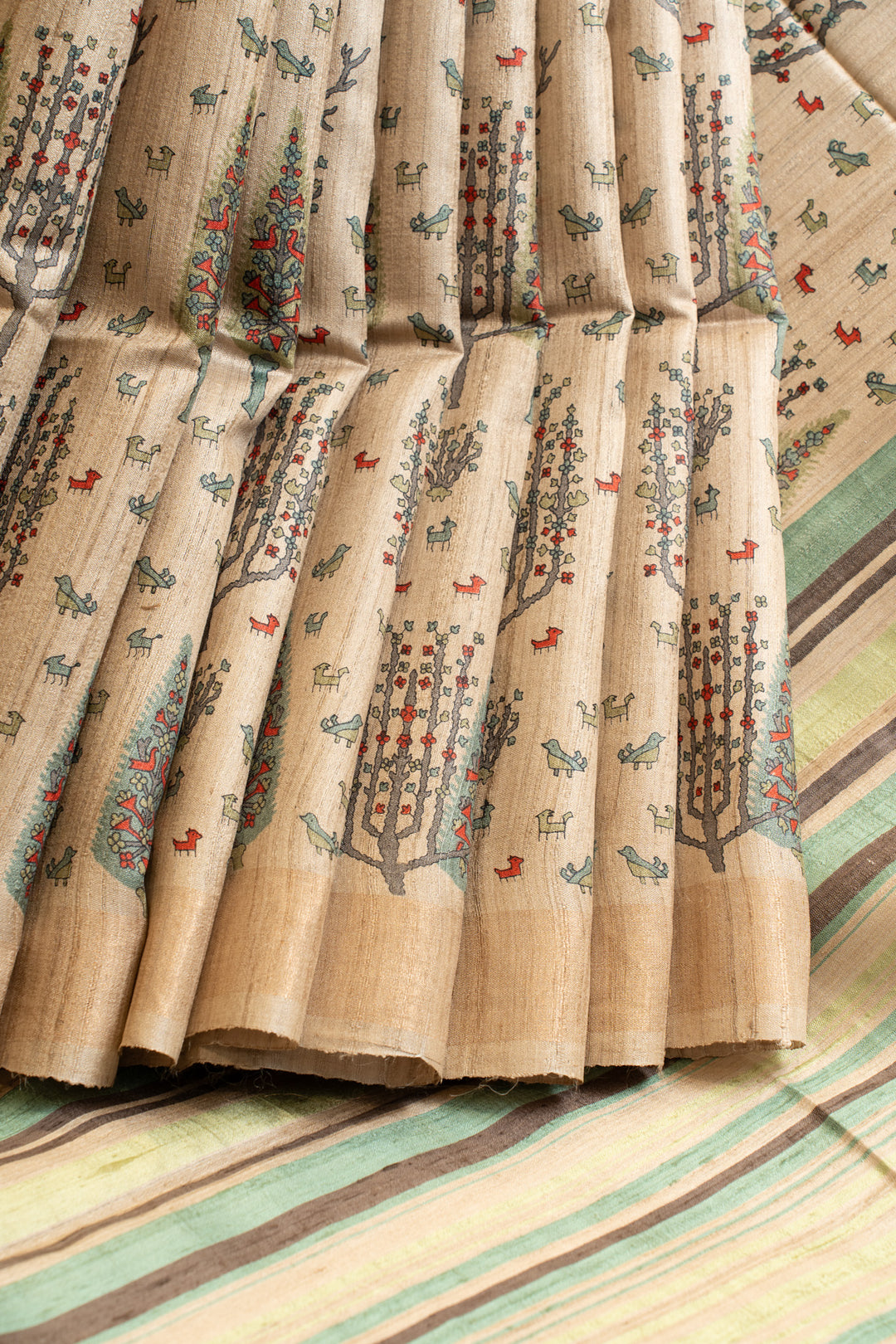 Beige winter farmland handprinted pure Tussar saree