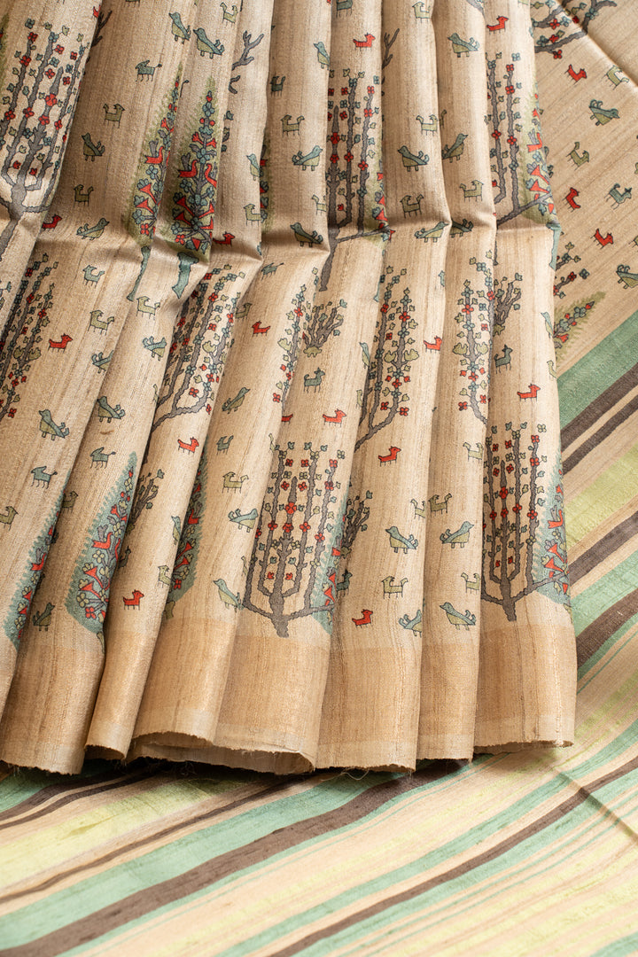 Beige winter farmland handprinted pure Tussar saree