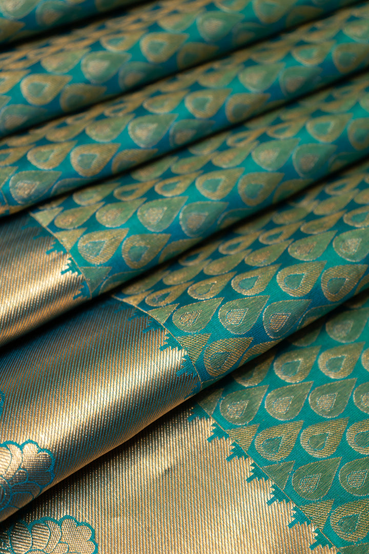 Peacock Blue Thilakam Brocade Pure Kanchipuram Silk Saree - Clio Silks