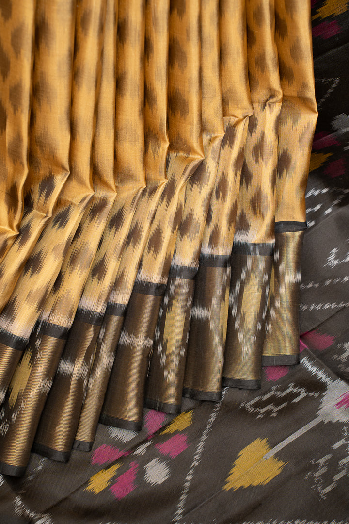 Beige and Black Pure Ikat Silk Saree - Clio Silks