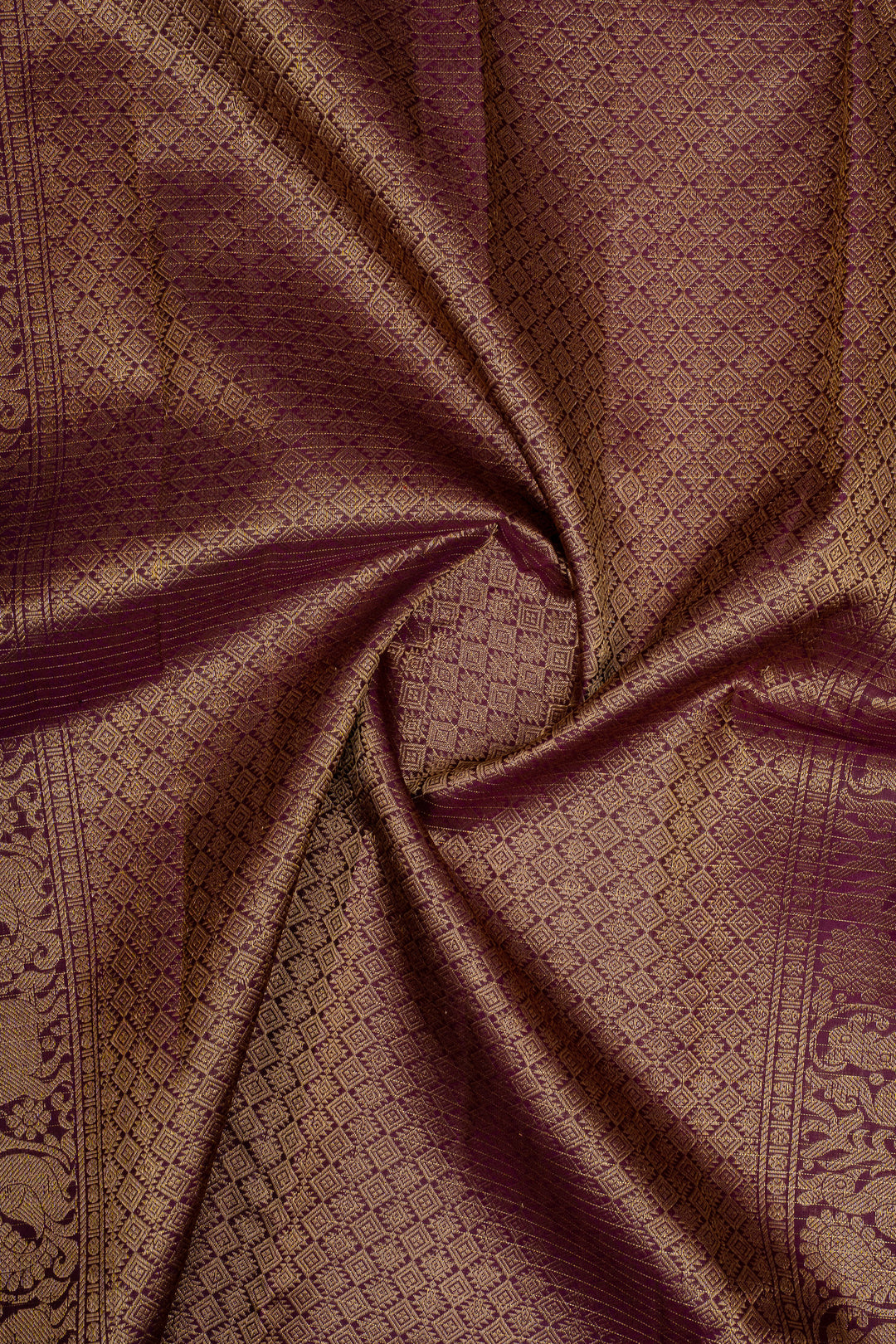 Rust Orange and Jamun Zari Checks Pure Kanchipuram Silk Saree