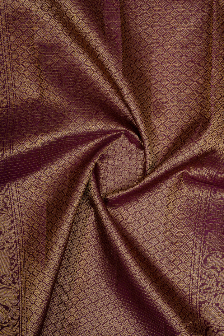 Rust Orange and Jamun Zari Checks Pure Kanchipuram Silk Saree
