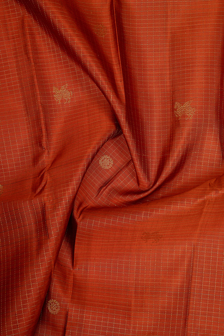 Rust Orange and Jamun Zari Checks Pure Kanchipuram Silk Saree
