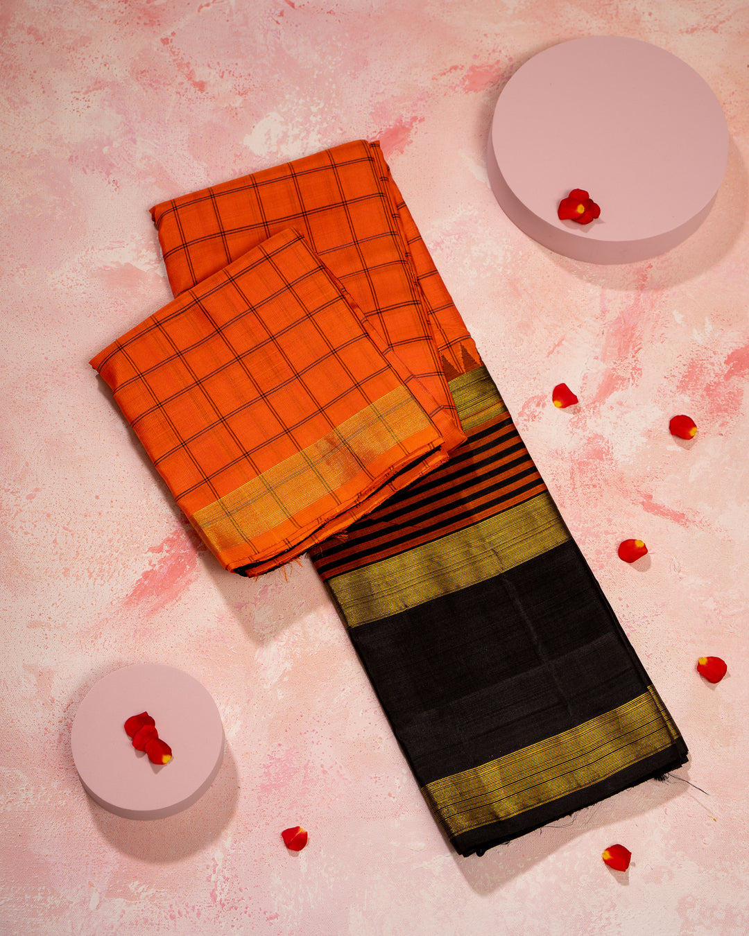 Peach and black korvai pure Kanchipuram Silk saree - Clio Silks