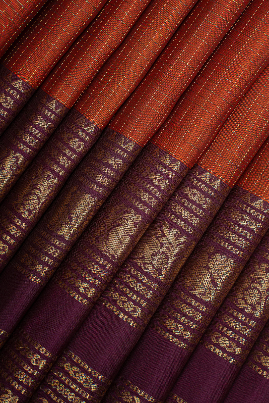 Rust Orange and Jamun Zari Checks Pure Kanchipuram Silk Saree