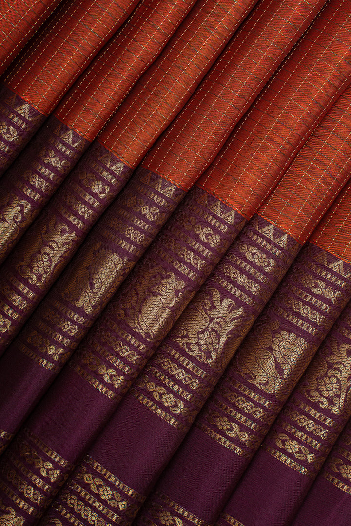 Rust Orange and Jamun Zari Checks Pure Kanchipuram Silk Saree