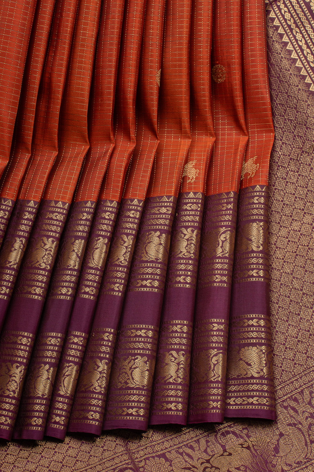 Rust Orange and Jamun Zari Checks Pure Kanchipuram Silk Saree
