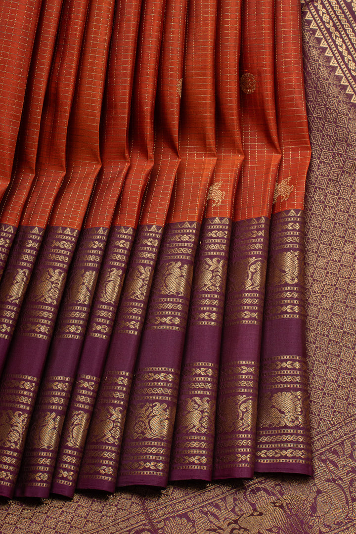 Rust Orange and Jamun Zari Checks Pure Kanchipuram Silk Saree