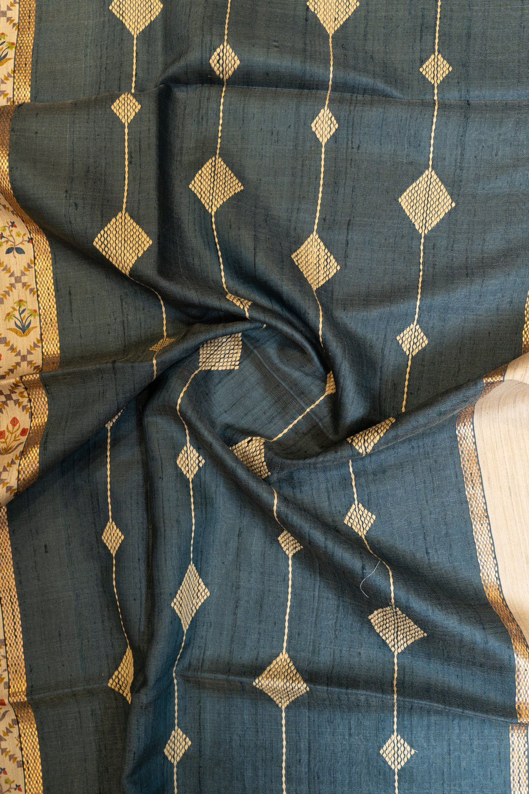 Beige ikat handprinted pure Tussar silk saree