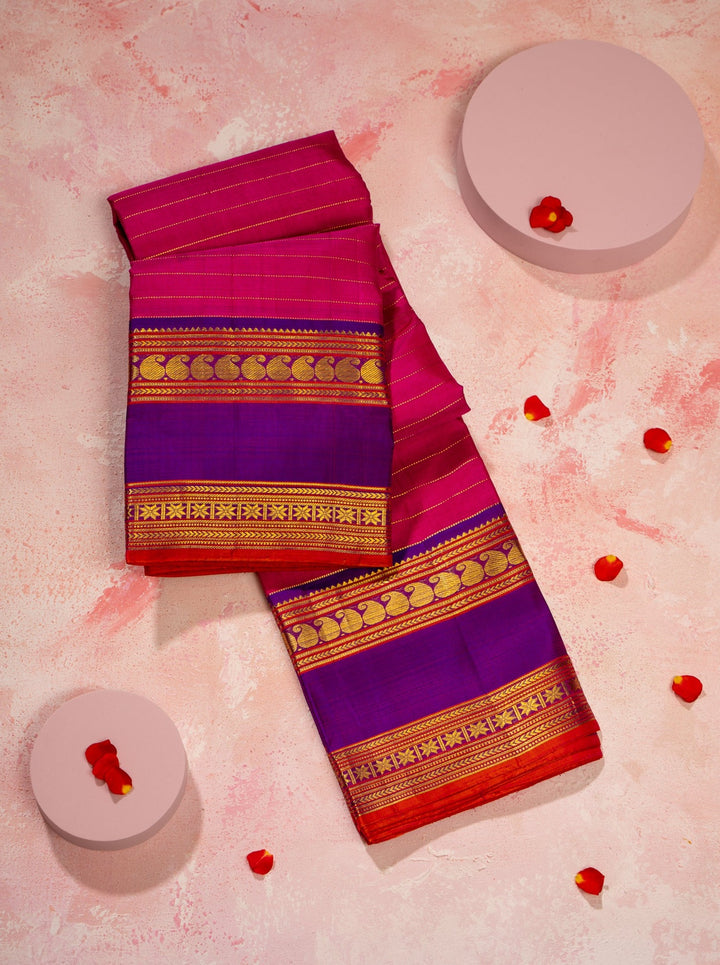 Magenta Zari stripes and Purple Rettai Pettu Pure Kanjivaram Silk Sari - Clio Silks