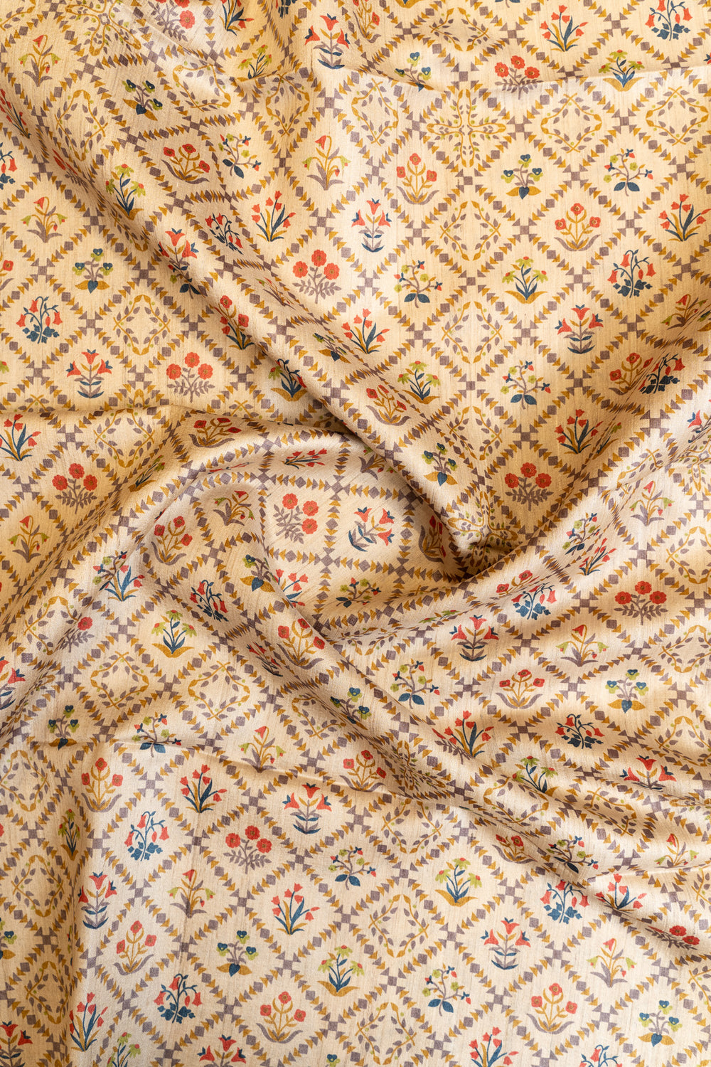 Beige ikat handprinted pure Tussar silk saree