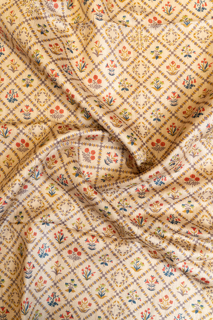 Beige ikat handprinted pure Tussar silk saree