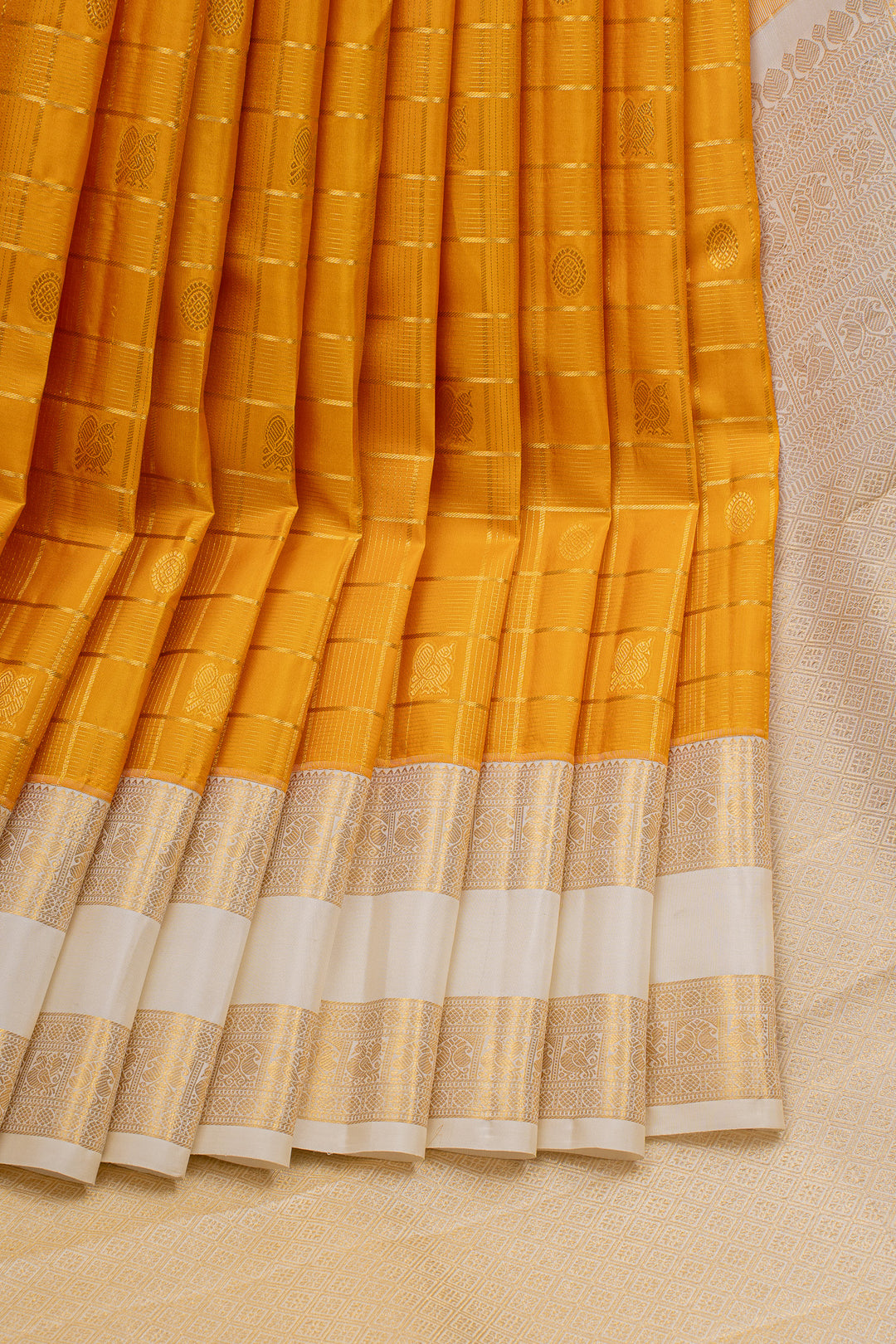 Mustard Zari Checks Pure Kanchipuram Silk Saree