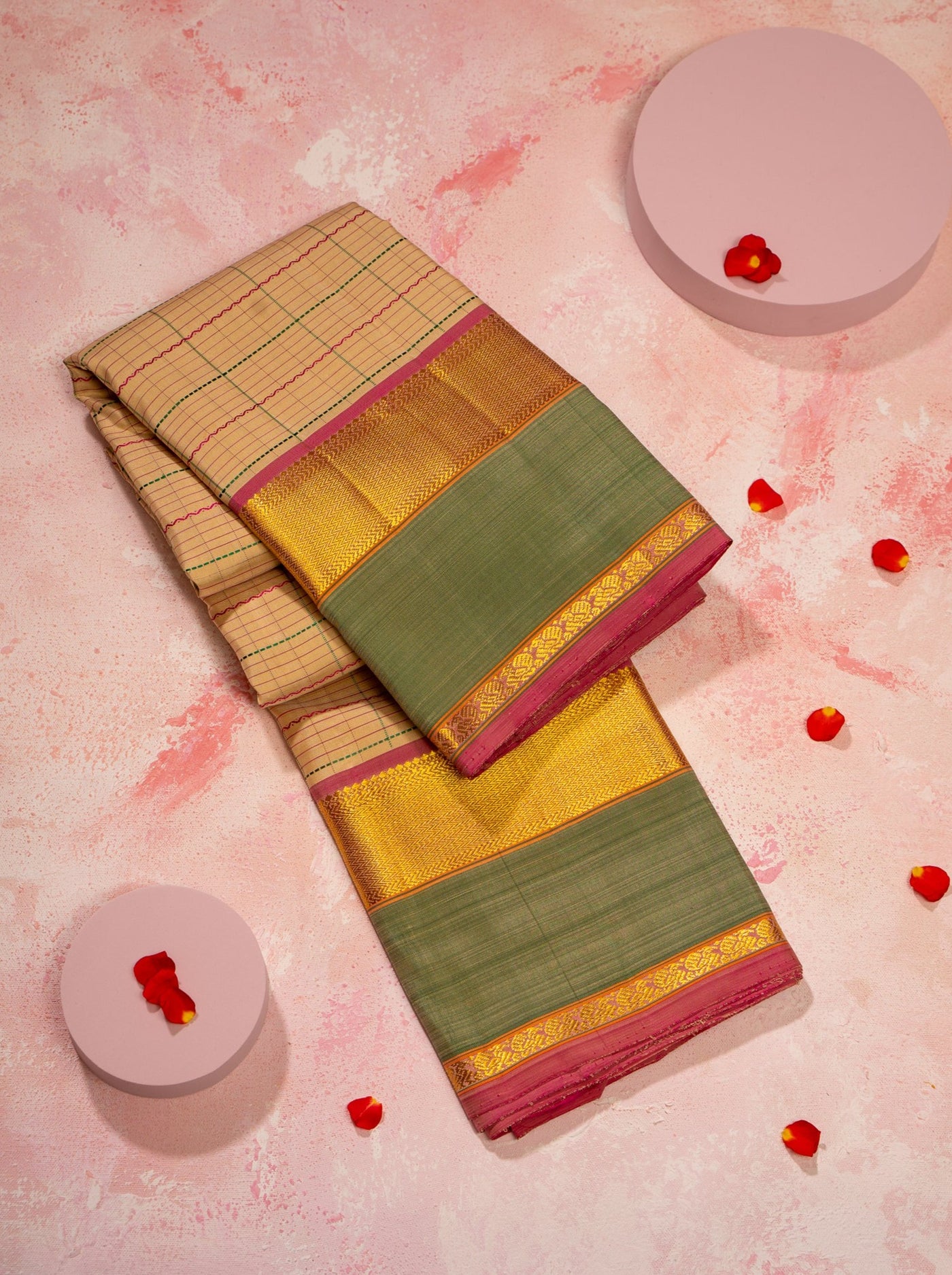 Checks and stripes pure kanchipuram silk saree with fancy designs