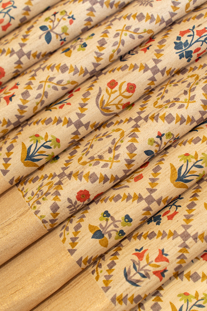 Beige ikat handprinted pure Tussar silk saree