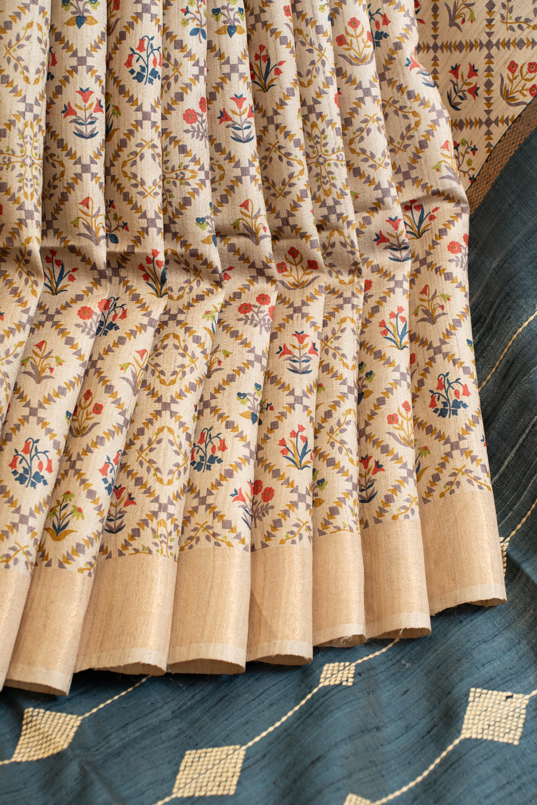 Beige ikat handprinted pure Tussar silk saree