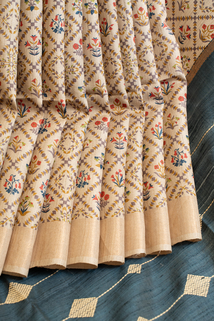 Beige ikat handprinted pure Tussar silk saree