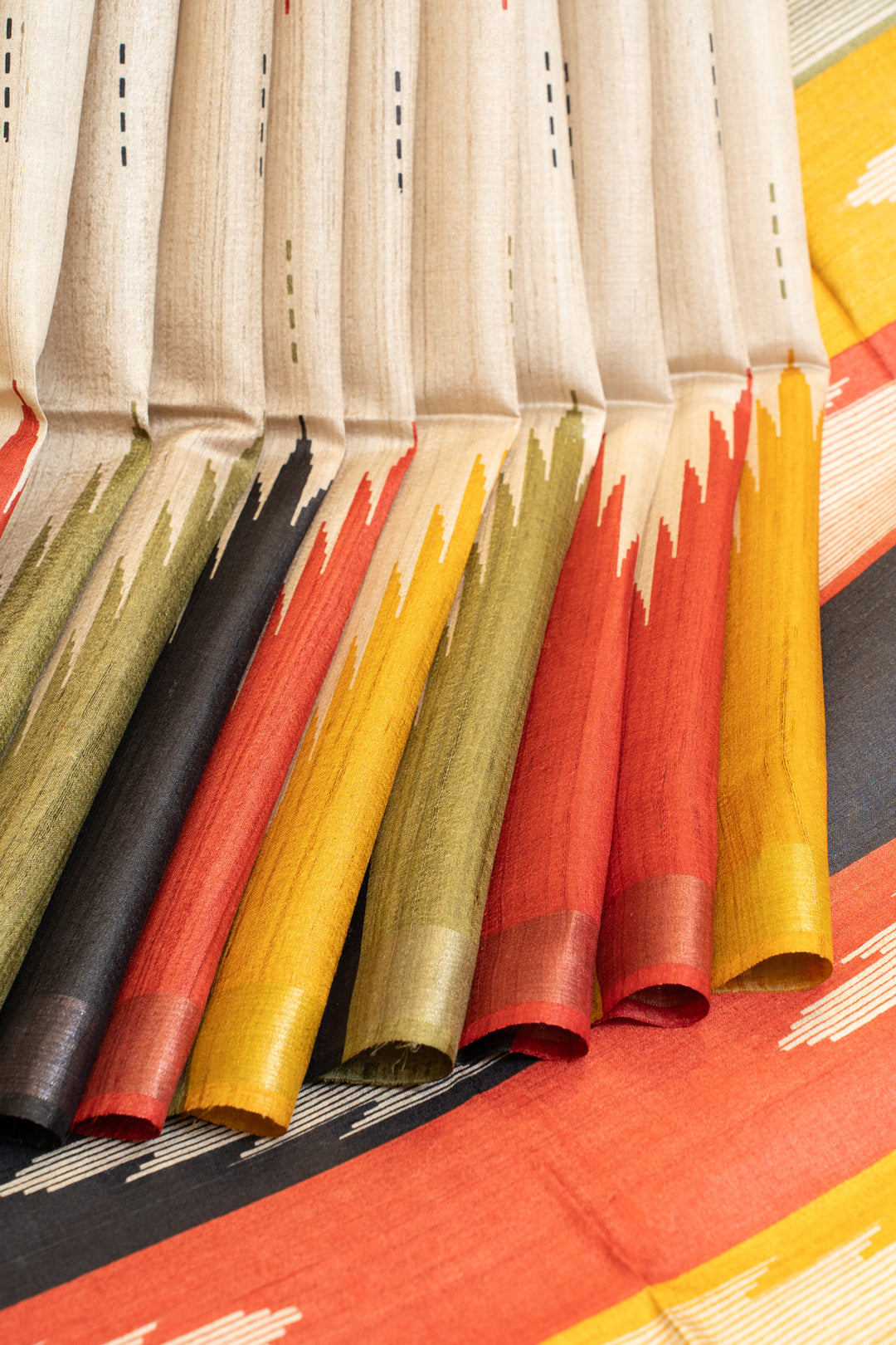 Beige multi temple pure Tussar silk saree