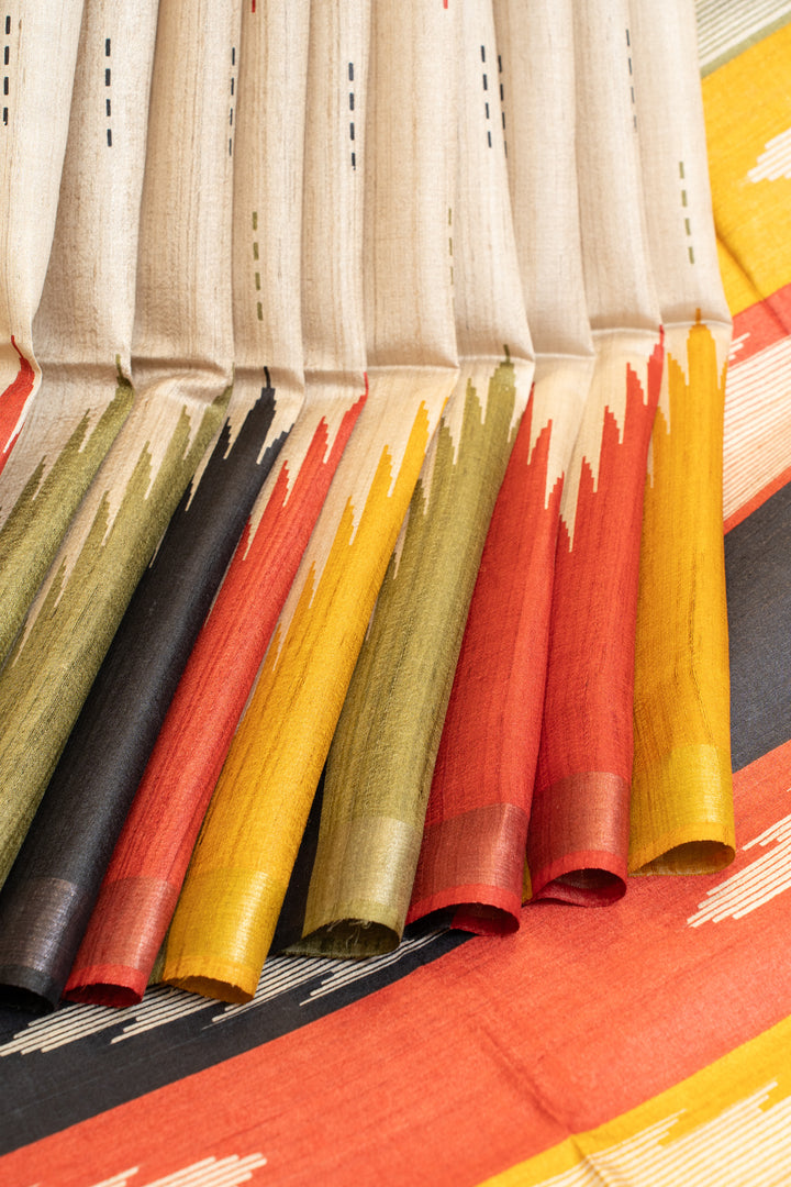 Beige multi temple pure Tussar silk saree