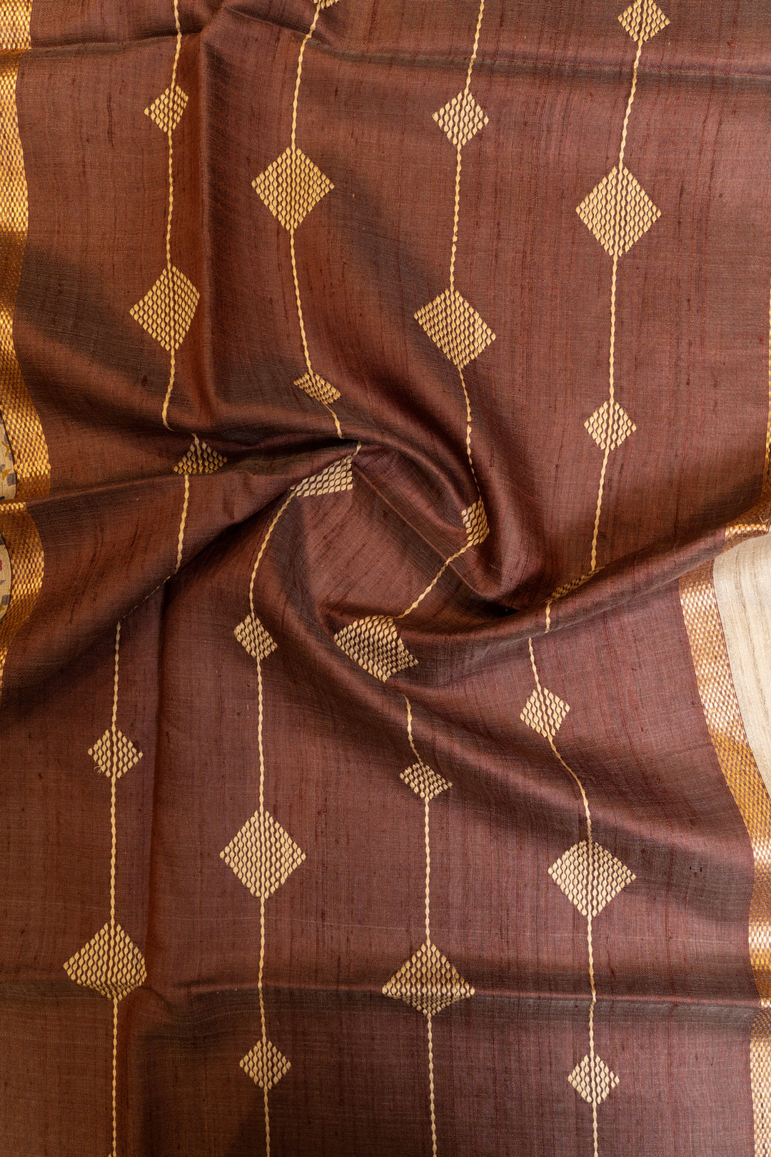 Beige multi diamond handprinted pure Tussar silk saree