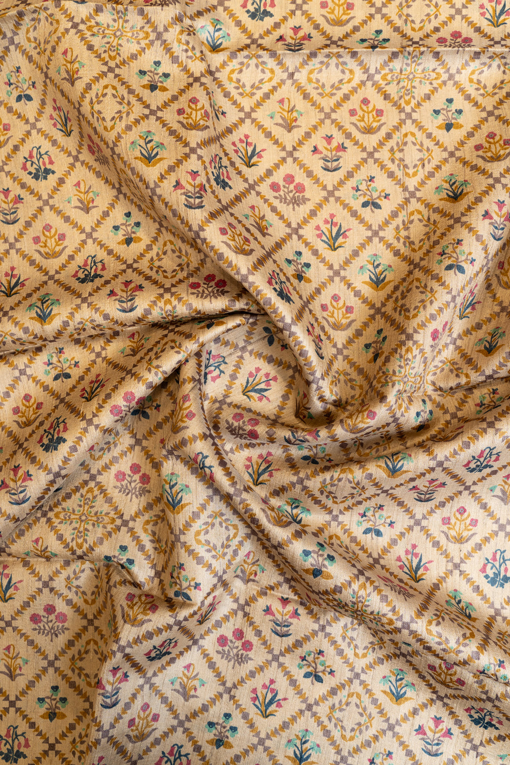 Beige multi diamond handprinted pure Tussar silk saree