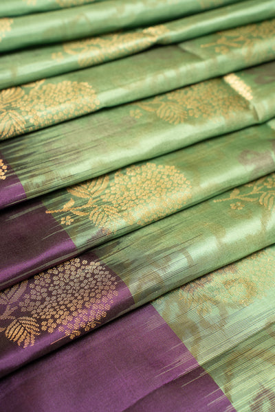 Sage Green and Purple Pure Ikat Silk Saree - Clio Silks