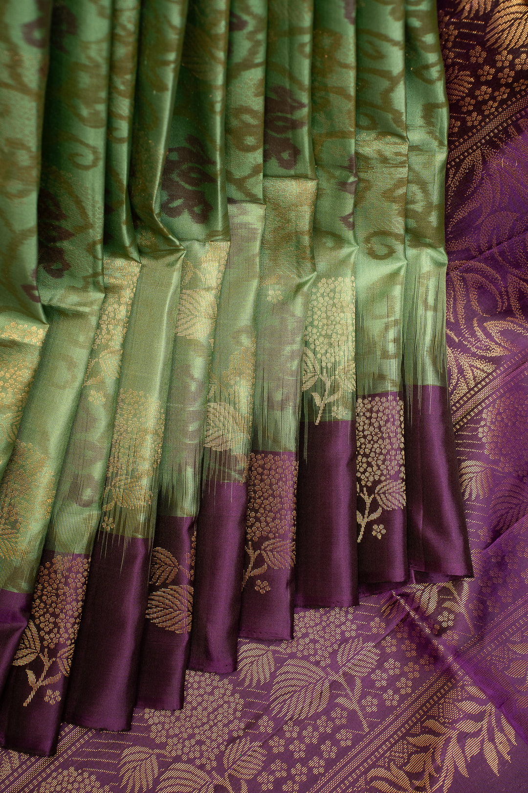 Sage Green and Purple Pure Ikat Silk Saree - Clio Silks